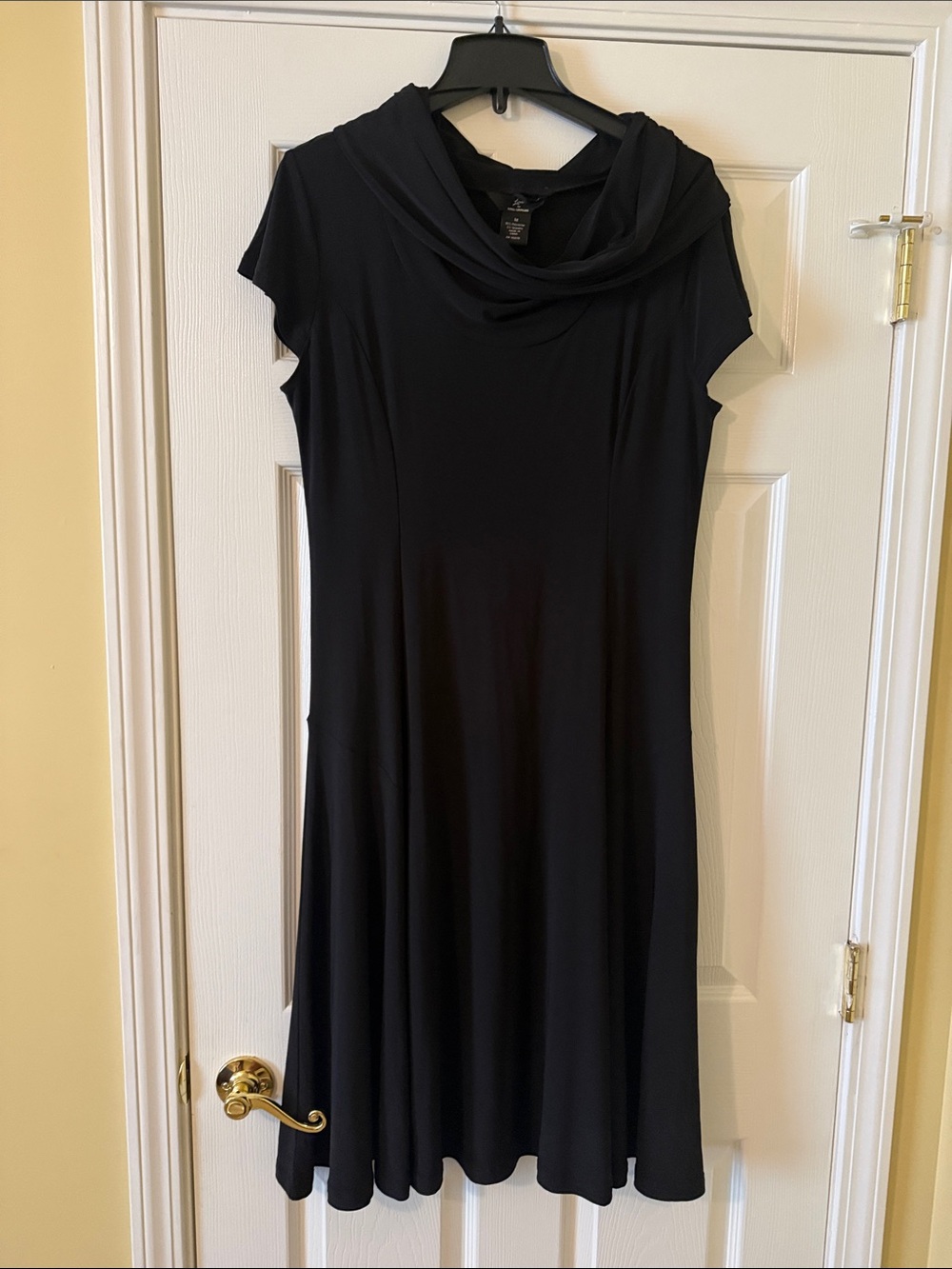 Nina Leonard Black Midi Dress with Draped Cowl Neck